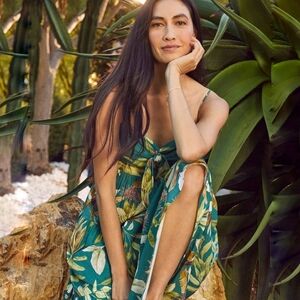 Evereve OPT Terry Tropical Midi Dress Dark Green Floral Linen Keyhole XS NEW NWT